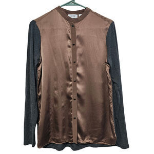 Per Se by Carlisle 100% Silk Button-Up Top Women's Size 4 Brown Gray Long Sleeve